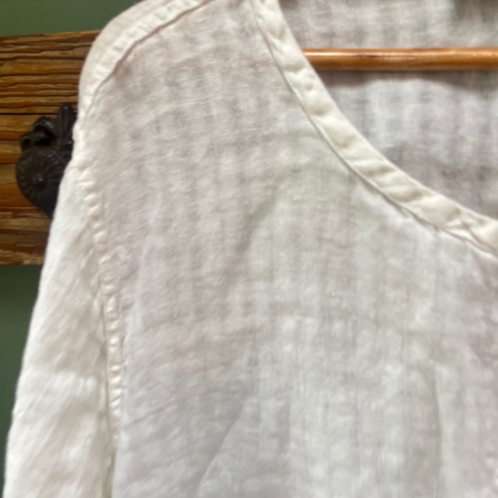 FLAX White 100% Linen Striped Texture Button Down Top Lagenlook Large